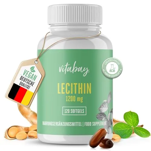 Vitabay Lecithin 1200 mg – 120 Vegane Sojalecithin Softgels – Mit Phosphatidylcholin & Vitamin E – Ohne Gentechnik – Pflanzliches Nahrungsergänzungsmittel als Alternative zu Lecithin Pulver