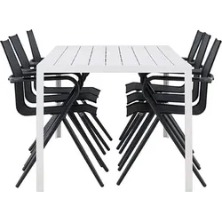 Break Gartenset Tisch 90x205cm weiß mit 6 schwarzen Stühlen - Gestalten Sie Ihre Outdoor-Oase mit dem eleganten Break Gartenset. Der großzügige, weiße Tisch und die stapelbaren schwarzen Stühle vereinen Funktionalität und Stil. Ideal für gesellige Runden im Garten oder auf dem Balkon.