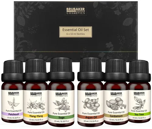 BRUBAKER Duftöl 6er-Set Ätherische Öle Aromatherapieöle 6 x 10 ml Naturrein (Duftöl für Diffusor Luftbefeuchter, Patchouli Salbei Ylang-Ylang Kardamom Argan Teebaum), Ätherische Öle Aromatherapie Geschenkset