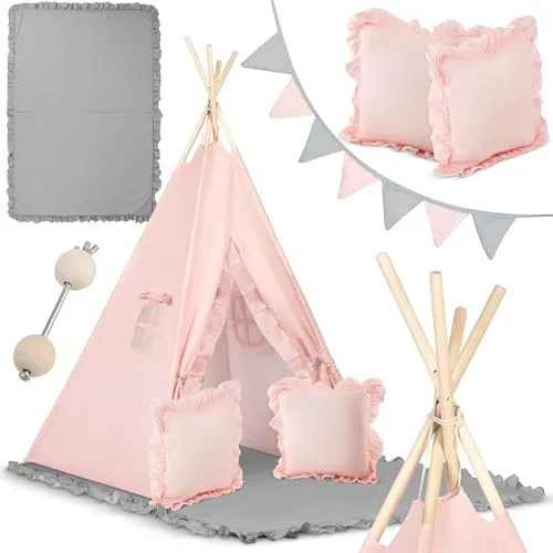 Nukido - Spielzelt für Kinder - Teepee - Spielhaus - mit Holzrahmen, Halterung und Baumwollbezug - Großes Set - mit Kissen, weicher Spielmatte, Fensterrollo, Girlande - Faltbar - Hellrosa, Grau