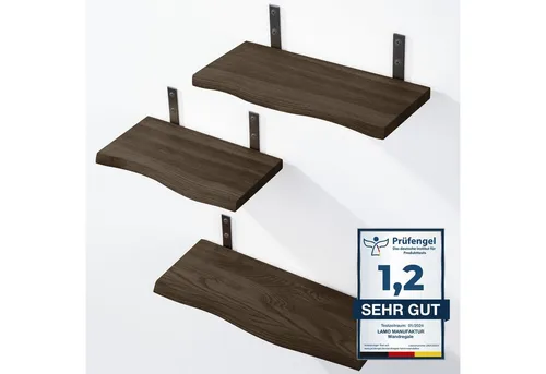 LAMO Manufaktur Wandregal Set aus Echtholz, 3 Stück, 42/36/30 cm - Rustikales Wandregal Set aus 100% echtem Eschenholz, ideal für jeden Raum. Jedes Regal hat eine individuelle Baumkante und bietet eine stabile Ablagefläche für Bücher, Deko oder Küchenutensilien.