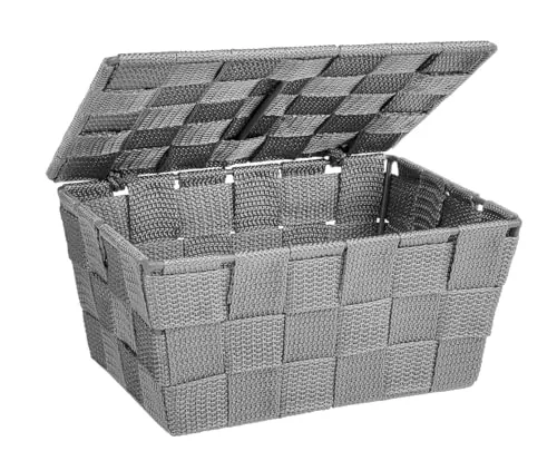 WENKO Aufbewahrungskorb mit Deckel Adria Grau - Badkorb, Küchenkorb, Polypropylen, 19 x 10 x 14 cm, Grau