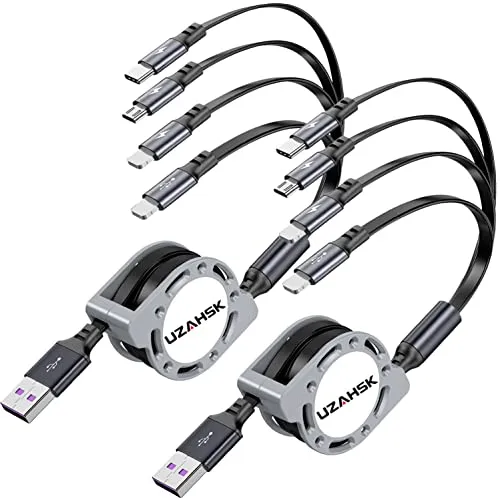 UZAHSK Multi USB Kabel 4 in 1 einziehbares[4A/1,2m] USB-Schnellladekabel Mit Zwei iP/Micro/Type-C-Anschlüssen Für Telefon 17/1615/14/13/12/11/X/8/Galaxy/Huawei/Pixel/Sony/Xiaomi/LG/Tablets.