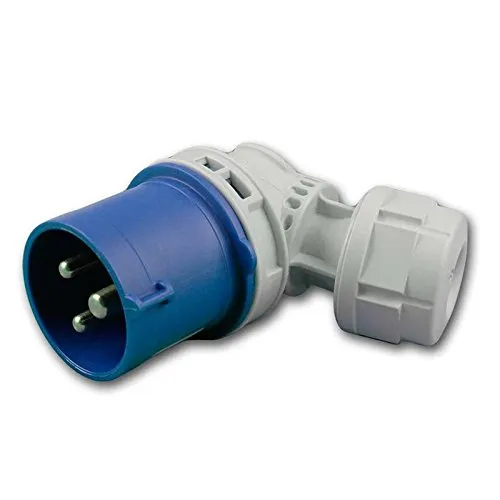 CEE Winkel-Stecker 230V/16A, blau, 3-polig, IP44 - Robuster CEE Winkel-Stecker für eine sichere Verbindung bei Außenanwendungen. Ideal für den Einsatz im Garten oder auf Baustellen. Schützt vor Spritzwasser.
