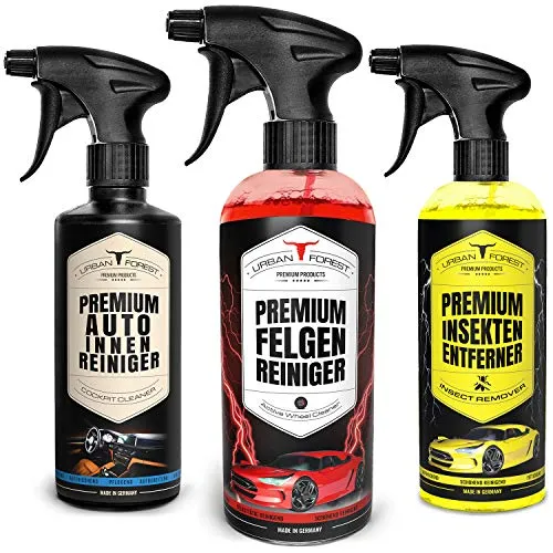 URBAN FOREST Auto Reiniger SPARSET | Auto Innenraum Reiniger & Innenraumpflege 500ml + Felgen Reiniger 1000ml + Auto Insektenentferner für Lack & Scheiben 500ml | Made in Germany