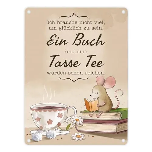Maus mit Buch Metallschild in 15x20 cm mit Spruch Buch und Tee machen mich glücklich Vintage Ideal zum Lesen Perfekt für jede Leseratte Bücherwurm Entspannende Pause