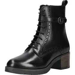 Tamaris Stiefelette Leder - Schwarz - 37 - Elegante Schnürstiefelette mit Brogue-Details und dekorativer Schnalle. Das weiche Warmfutter sorgt für Komfort, während das praktische Wechselfußbett individuell anpassbar ist. Robuste Sohle und blockiger Absatz bieten sicheren Halt.