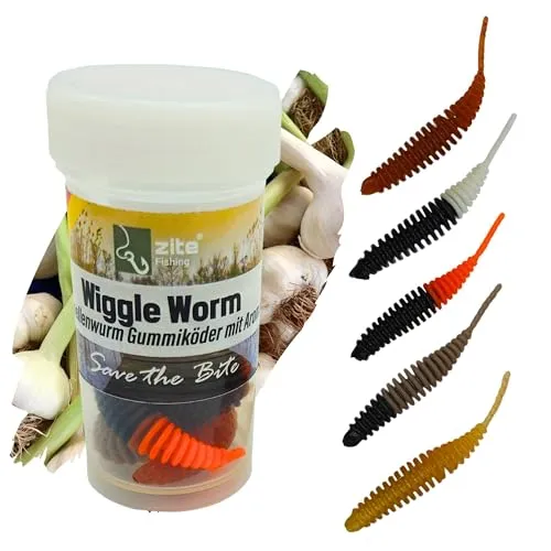 Zite Fishing Wiggle Worm Nature Mix 10 Stück – Lamellen-Gummiwurm für Ultra Light Forellen Angeln - 5,5cm Gummiköder & Phthalatfrei – Natur Knoblauch