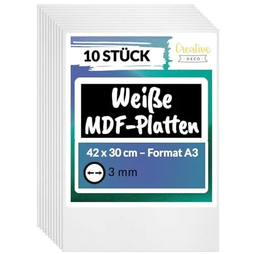 Creative Deco 10 x Weiße A3 MDF Platten - Basteln mit 10 hochwertigen MDF-Platten (A3, 420x300x3mm) für präzises Laserschneiden und kreative DIY-Projekte – ideal für Modellbau, Dekoration und Möbelbau.