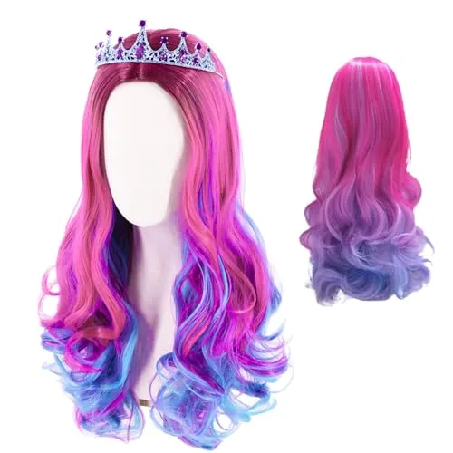 Lila Ombre Rosa Perücke 70cm für Kinder und Frauen - Lang Gewellt Gelockt mit Mittelscheitel für Cosplay Anime Kostüm Karneval Maskerade