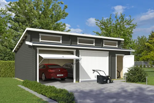 Garage Stufendach 44 mm Hawaii mit Schwingtor grün 820x520 cm - Gartenhäuser, Geräteschuppen & Carports - Robuste Garage mit abschließbarem Schwingtor und 18 mm starken Dachbrettern, ideal für sicheren Stauraum.