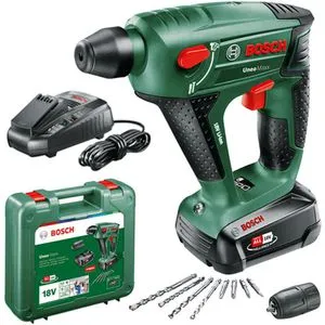 Bosch Akku Bohrhammer Uneo Maxx – 3-in-1 Multitalent - Bohrmaschinen für Schlagbohren, Bohren und Schrauben. Ideal für Beton, Holz und Metall. Mit ¼ Zoll Sechskant für schnellen Zubehörwechsel. Inklusive Akku, Ladegerät und Koffer.