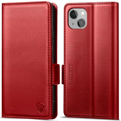 CASBST Handyhülle für iPhone 14 Hülle Premium Leder Schutzhülle Klappbar mit Kartenfach Ständer Magnet für iPhone 14 Handytasche mit RFID Kameraschutz Flip Case Klapphülle für iPhone 14 Rot