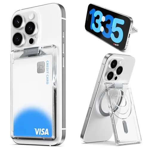 Sinjimoru für Clear MagSafe Wallet mit einstellbarem Ständer, 6,5 mm schlankes transparentes magnetisches Wallet, 3000G Magnetstärke für iPhone 17/16/15/14/13. M-Slim Slot Stand