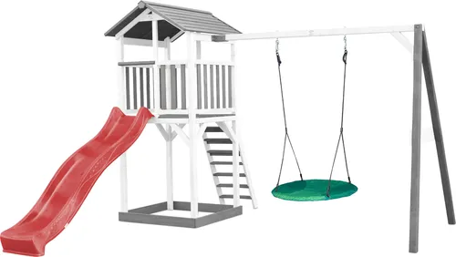 AXI Beach Tower Spielturm aus Holz in Weiß & Grau | Spielhaus für Kinder mit roter Rutsche, Nestschaukel und Sandkasten | Stelzenhaus für den Garten