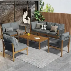 Merax Gartenlounge-Set 7 Personen - 6-tlg. Sofa, Bank, Stühle & Couchtische - Gartenmöbel-Set aus langlebigem Akazienholz, ideal für gesellige Zusammenkünfte mit Platz für bis zu 8 Personen und stylischem Seilgewebe für modernen Charme.