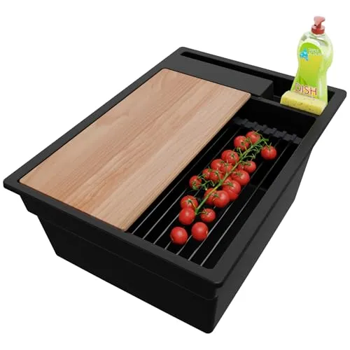 PRIMAGRAN Spülbecken Alles Schwarz 38x53cm - 1 Becken Granitspüle mit großzügigem Becken und multifunktionaler Arbeitsstation, ideal für Unterschränke ab 40 cm – kratzfest und langlebig.