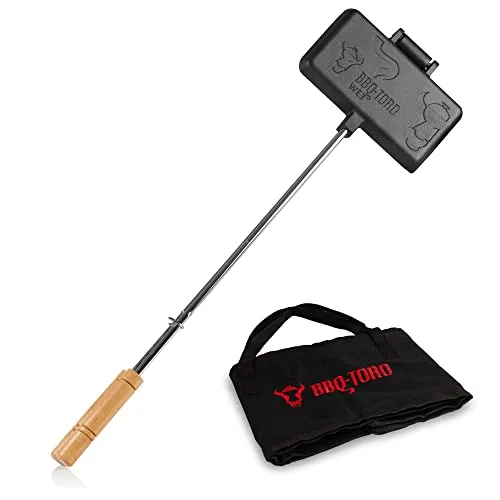 BBQ-Toro Sandwicheisen inkl. Transporttasche - Waffeleisen für Grill und Outdoor, bereits eingebrannt für sofortigen Einsatz. Ideal für süße und herzhafte Gerichte, sicherer Griff und praktische Tragetasche inklusive.