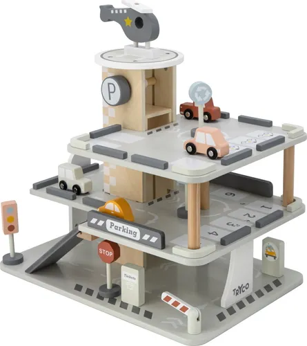 Tryco Parkhaus aus Holz – Spielgarage mit Autos & Hubschrauber für Kinder