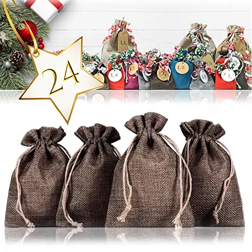 Ganzoo Jutesäckchen/Jutebeutel/Jute-Sack 24er Set für Adventskalender mit Geschenk-Verpackung, 13cm x 9,5cm, Jutebeutel, Stoffbeutel, Natur Säckchen, Geschenksäckchen, Sack, Beutel, Dunkel-Braun