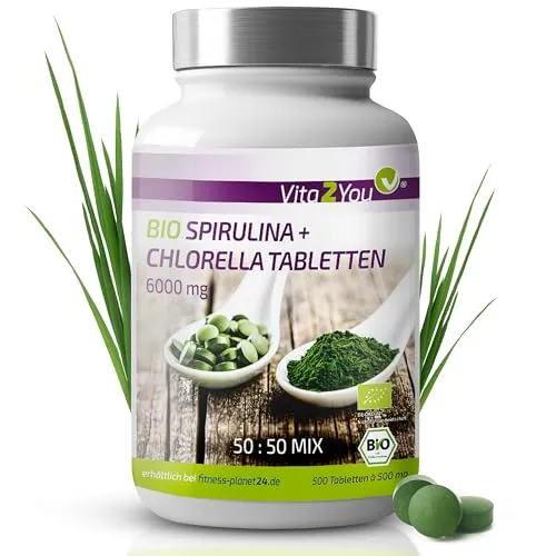 Vita2You Bio Chlorella + Spirulina Tabletten 500mg - 500 Tabletten - Laborgeprüft - Hochdosiert - Algen ohne Zusätze - Premium Qualität