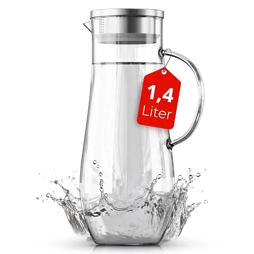 Kühlschrankkrug Glaskaraffe ca. 1,4 L mit Deckel Ausgießer und Sieb - Wasserkrug Saftkaraffe hitzebeständig transparent Ø 10,5 x 24cm hoch - Behälter Krug Karaffe für alle Getränke