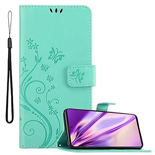 Cadorabo Hülle kompatibel mit Samsung Galaxy A51 5G Blumen Design aus Kunst Leder Flip Klappbare Stoßfeste Magnetische [Standfunktion] [Kartenfächern] Cover Hülle für Galaxy A51 5G Tasche in Türkis