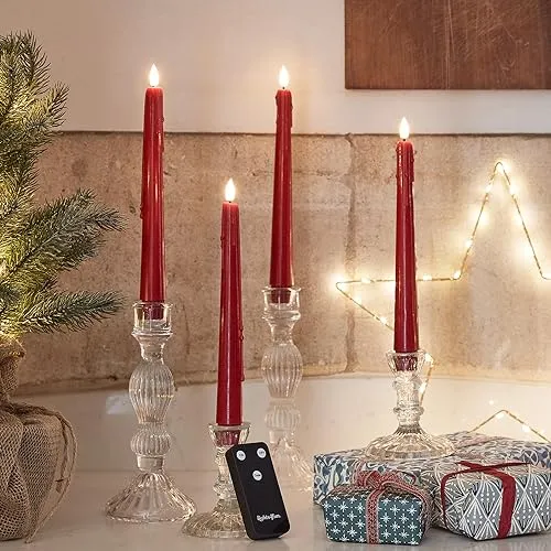Lights4fun 4er Set TruGlow® LED rote Stabkerzen mit Fernbedienung Echtwachs Rot 24cm Weihnachtsdeko Tischdeko Weihnachten