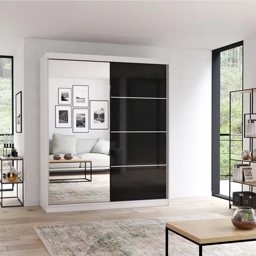 Schwebetürenschrank Multi 31 mit Spiegel 183 cm Weiß/Schwarz - Schiebetürenschrank mit eleganter Spiegelfront und geräumigen Einlegeböden, ideal für kleine Räume und zur optischen Vergrößerung, bietet viel Stauraum für Kleidung und Accessoires.