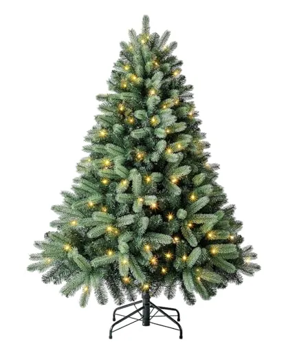 Dehner Künstlicher Weihnachtsbaum Stellan mit LED-Beleuchtung - 150 cm hoher Weihnachtsbaum mit 886 dichten Zweigen und 120 warmweißen LEDs, inkl. stabilen Metallständer für schnellen Auf- und Abbau, perfekt für stimmungsvolle Feiertage.
