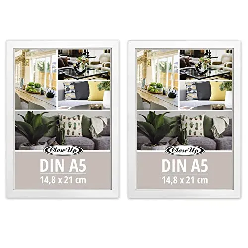 Close Up Bilderrahmen 2er Set DIN A5 (14,8 x 21 cm) | Holzdekor (MDF) weiß mit Rückwand und Aufsteller | PVC-Scheibe (unzerbrechlich) Profilbreite 15 mm