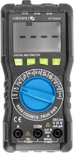 Hogert Technik Multimeter HT1E600 - Sonstige Elektroinstallationsartikel mit beleuchteter LCD-Anzeige, TRUE RMS und praktischer Taschenlampe für präzise Messungen auch bei schlechten Lichtverhältnissen.