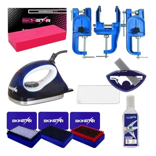 SkinStar Ski Service Set 9-teilig – Skiwachs, Wachseisen, Kantenschleifer & Skispanner – Universalwachs fluor- & PFAS-frei – Ski- & Snowboardpflege Set