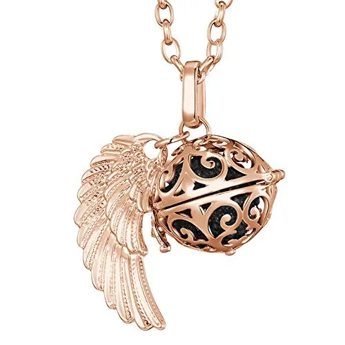 Morella Halskette Damen roségold Edelstahl 70 cm mit roségoldenem Anhänger Engelsflügel und Klangkugel Zirkonia schwarz Ø 16 mm in Schmuckbeutel