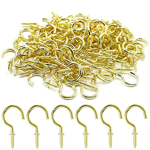 FENGXUE 100 Stück 1-Zoll-Kupfer-Becherhaken, Metallhaken-Becherhaken,Messingplatten-Einschraubhaken in Verschiedenen Größen, Metall-Einschraubhaken Zur Wandmontage, Geeignet Für Küchen, Büros, Gold