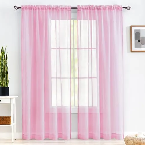 MYSTIC-HOME Rosa, durchsichtige Vorhänge, 213,4 cm lang, durchsichtige Gardinen mit Stangentasche, Schlafzimmer, 2 Paneele, halbgeknitterter Voile, Fensterdekorationen, Rosa, 132,1 cm B x 213,4 cm L