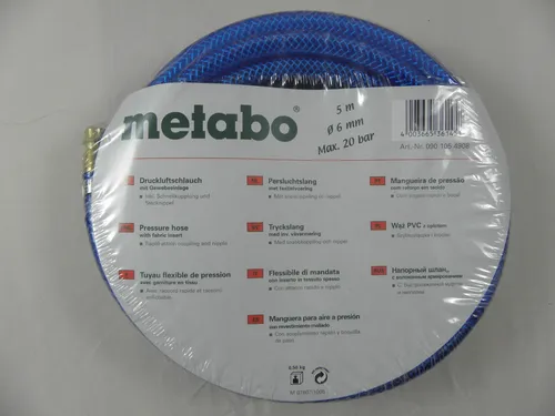 Metabo Druckluftschlauch mit Gewebeeinlage 5m 6mm / Max. 20 bar Luftschlauch