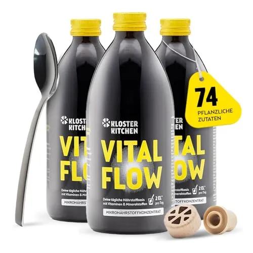 Kloster Kitchen Mikronährstoffkonzentrat Vital Flow - 3x 500 ml - Säfte mit 74 pflanzlichen Zutaten, reich an Vitaminen und Mineralstoffen. Ideal für einen bewussten Lebensstil, ohne künstliche Zusätze und für 3 Monate ausgelegt.