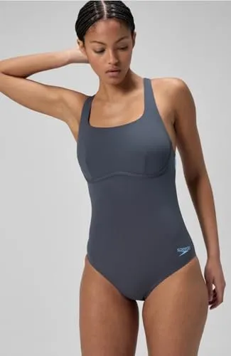 Speedo Damen Badeanzug mit Flexband und integriertem Schwimm-BH | Schwimmen | Fitnesstraining Schwimmbekleidung, Grey Lead/Schwarz, 38