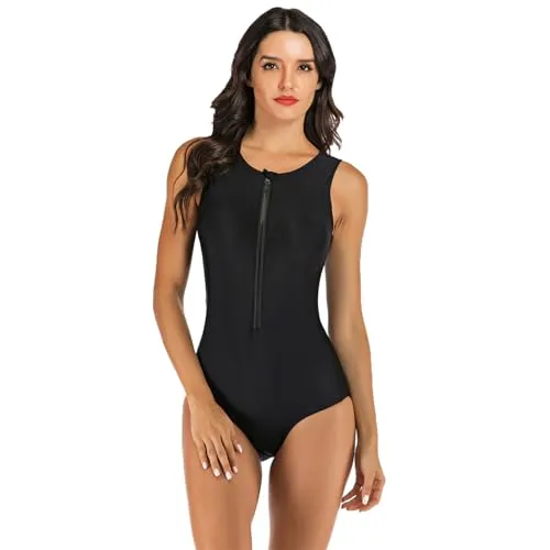 Beachkini Damen Badeanzug Ärmellos Triangel-Badeanzug Einteiler Bademode Swimsuit Reißverschluss vorne Bauchkontrolle Für Surfen Schwimmen,27,S