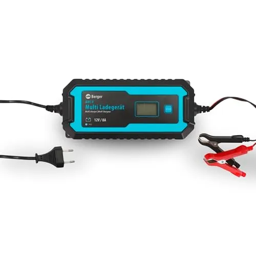 BERGER Multi Batterie Ladegerät MBC | 12V Ladegerät für Autobatterie mit LCD-Display & Schutzfunktionen | Vollautomatisches Batterieladegerät | Für AGM, Gel, Wet, MF, Blei-Säure | IP65 (MBC 8)