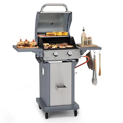 Klarstein Gasgrill Lucifer - Kombi-Set mit 2 Brennern - Gasgrill und Smoker in einem, mit integriertem Edelstahl-Thermometer und kugelgelagerten Rollen für einfache Mobilität. Ideal für Gartenpartys und BBQs!