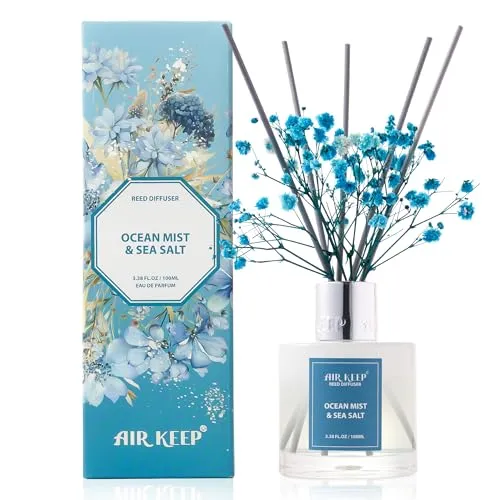 Airkeep Raumduft Ocean Mist & Sea Salt Duft, Reed Diffuser mit 8 Duftstäbchen, Lufterfrischer für Badezimmer, Wohnung, Heimdekoration, 100ml