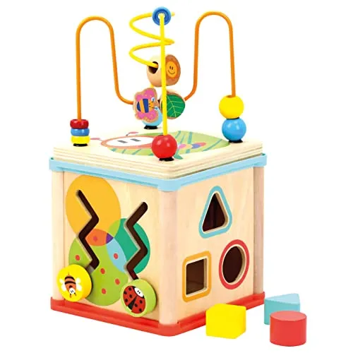 Bino 84211 Motorikwürfel mit Uhr - Baby-Activity-Center aus Holz - Motorikspielzeug für Kleinkinder, fördert spielerisch die motorischen Fähigkeiten und visuelle Wahrnehmung mit vielfältigen Aktivitäten und einer integrierten Uhr.