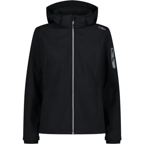 CMP Damen-Softshelljacke mit abnehmbarer Kapuze, Schwarz, D44 - Funktionsjacke für Outdoor-Abenteuer, wasserdicht (WP 7.000) und atmungsaktiv (MVP 1.000) dank Clima Protect Technologie, mit abnehmbarer Kapuze und praktischen Reißverschlusstaschen.
