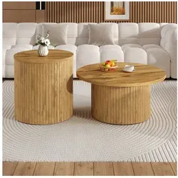 MODFU Couchtisch Couchtisch-Set 75x75x36 + 50x50x50,5 cm, 2-tlg., natur, MDF (Packung, 2-St., Ein runder Haupt- und ein zweiter runder Couchtisc), Beistelltisch mit Naturholzlatten,mit Ablagefächer beige 75 cm x 36 cm x 75 cm