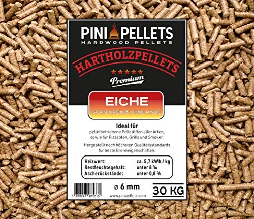 Hartholz Pellets 6 mm PINI 30Kg - Grillpellets aus 100% sortenreinem Eichenholz, ideal für Grillen und Räuchern. Hoher Brennwert und minimale Asche für ein perfektes Grillerlebnis.