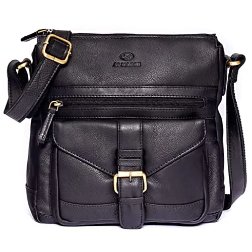 ALMADIH Premium Leder Damentasche Umhängetasche ABBY SCH - praktische Ledertasche Handtasche Schultertasche Businesstasche Freizeittasche Citytasche Tragetasche Tasche (ABBY schwarz)