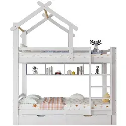 Stilvora Etagenbett Weiß 90x200 cm für Kinderzimmer - Optimale Raumnutzung für Kinderzimmer: Das Etagenbett bietet Platz für zwei Schlafplätze und praktische Schubladen sowie Regale für Spielzeug und Bücher. Stabil aus Kiefernholz mit Sicherheitsgittern für ein sicheres Schlafumfeld.