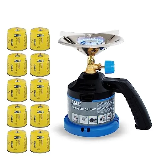 Z.M.C Campingkocher + 10 Gaskartuschen 190g, Gaskocher mit Griff für Camping, Kohleanzünder Outdoor, Kartuschenkocher für Stechkartusche, Kleiner Gasgrill